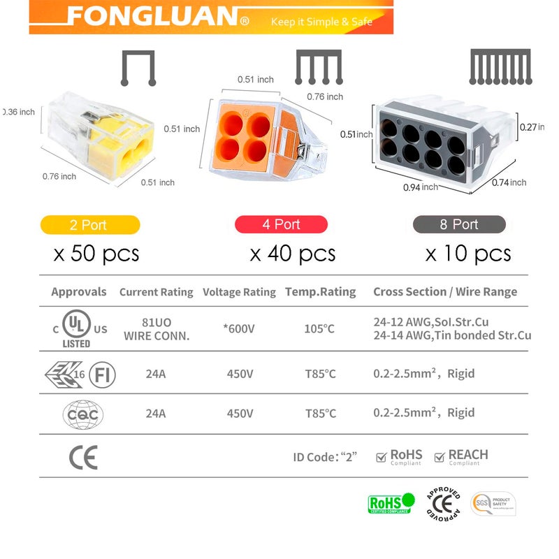 FONGLUAN 100pcs Push-in Wire Connector Splicing Terminals for Solid and Stranded Conductors with 2/4/8 Wires - Image 2